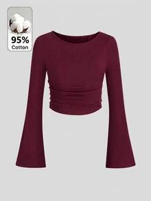 SHEIN Tween Girl Fitted Casual Kids Crew Neck Ruffle Flare Sleeve Long T-Shirt Top Red Crop - Red - View 1