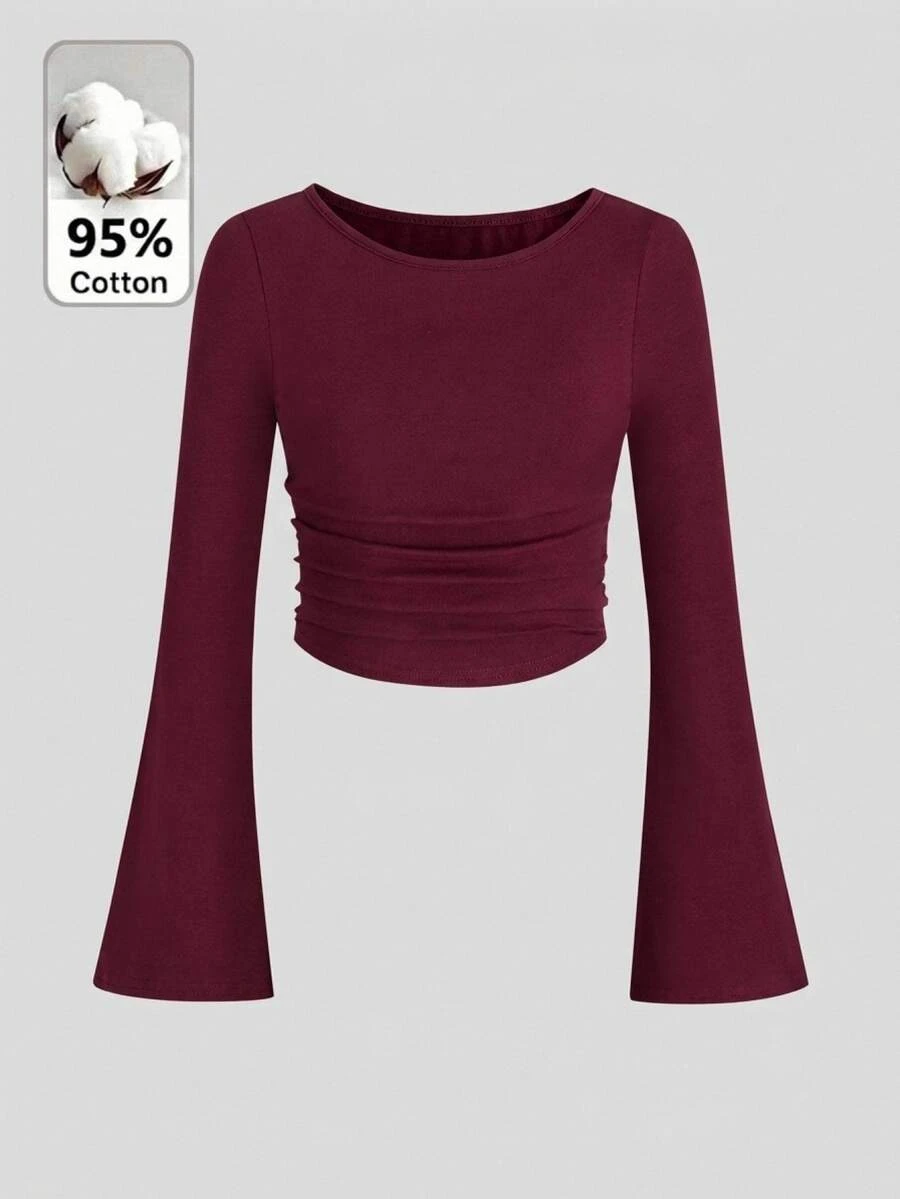 SHEIN Tween Girl Fitted Casual Kids Crew Neck Ruffle Flare Sleeve Long T-Shirt Top Red Crop - Red - View 1