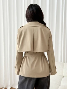 SHEIN PETITE معطف ترنش كاجوال للنساء بلون سادة وأكمام طويلة وأزرار أمامية مفردة - كاكي - مشاهدة 3
