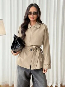 SHEIN PETITE معطف ترنش كاجوال للنساء بلون سادة وأكمام طويلة وأزرار أمامية مفردة - كاكي - مشاهدة 7