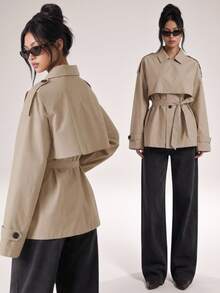 SHEIN PETITE معطف ترنش كاجوال للنساء بلون سادة وأكمام طويلة وأزرار أمامية مفردة - كاكي - مشاهدة 1