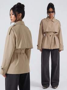 SHEIN PETITE معطف ترنش كاجوال للنساء بلون سادة وأكمام طويلة وأزرار أمامية مفردة - كاكي - مشاهدة 5