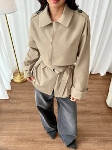 SHEIN PETITE معطف ترنش كاجوال للنساء بلون سادة وأكمام طويلة وأزرار أمامية مفردة - كاكي - مشاهدة 8