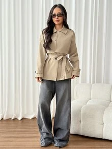 SHEIN PETITE معطف ترنش كاجوال للنساء بلون سادة وأكمام طويلة وأزرار أمامية مفردة - كاكي - مشاهدة 9