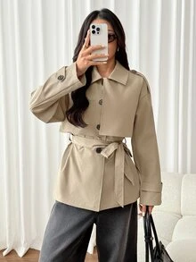 SHEIN PETITE معطف ترنش كاجوال للنساء بلون سادة وأكمام طويلة وأزرار أمامية مفردة - كاكي - مشاهدة 4