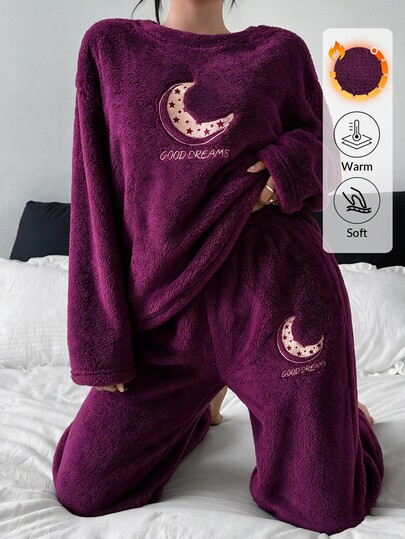 SHEIN Well Soft Women Moon Embroidery Purple Color Long Sleeve Warm Plush Top & High Waist Comfy Plush Pan