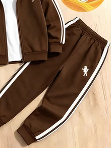 Young Boys Letter Embroidery Colorblock Zip Up Hoodie And Sweatpants 2 Pieces Sporty Outfit Set Birthday Beach Autumn White - Multicolor - View 4