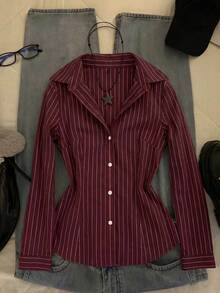 IslaSuriya Women's Fine Striped Pattern Long Sleeve Collared Button-Up Shirt, Autumn/Winter - Burgundy - View 1