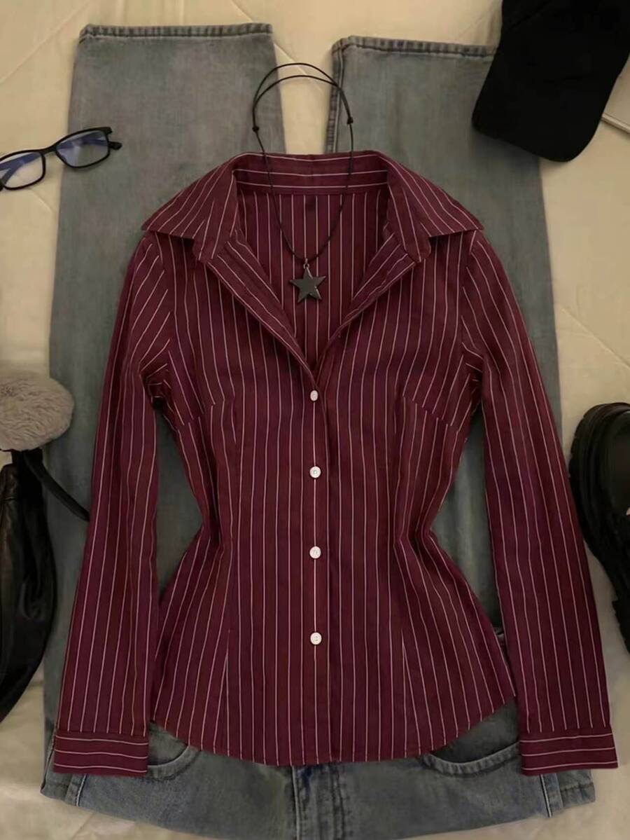 IslaSuriya Women's Fine Striped Pattern Long Sleeve Collared Button-Up Shirt, Autumn/Winter - Burgundy - View 1