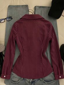 IslaSuriya Women's Fine Striped Pattern Long Sleeve Collared Button-Up Shirt, Autumn/Winter - Burgundy - View 2