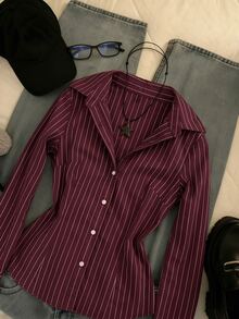 IslaSuriya Women's Fine Striped Pattern Long Sleeve Collared Button-Up Shirt, Autumn/Winter - Burgundy - View 4
