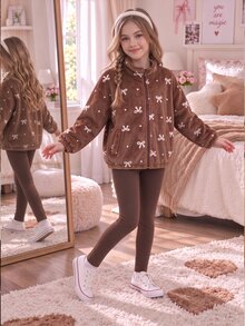 SHEIN Genkimix Kids 復古 Maillard 蝴蝶結提花絨毛夾克，立領拉鍊柔軟短版夾克 - 咖啡棕 - 查看 4