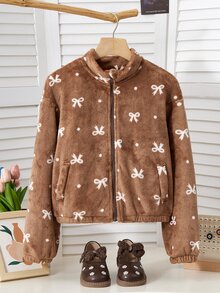SHEIN Genkimix Kids 復古 Maillard 蝴蝶結提花絨毛夾克，立領拉鍊柔軟短版夾克 - 咖啡棕 - 查看 5