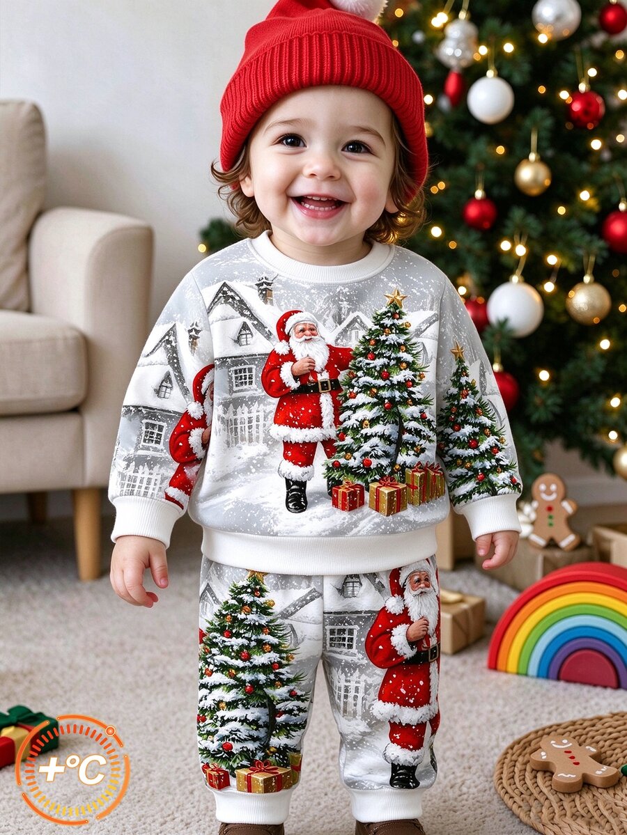 Baby Boy 2pcs/Set Christmas Sweatshirt Outfit, Silver Colorblock Santa Claus Print, Long Sleeve Crew Neck, Autumn/Winter Holiday Party Family Matching - Multicolor - View 1