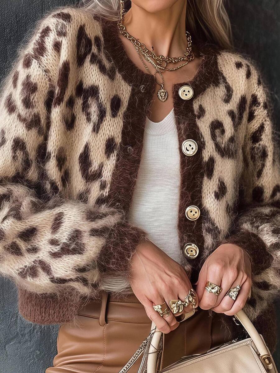 SHEIN Clasi Plus Size Leopard Print Contrast Color Drop Shoulder Long Sleeve Knit Cardigan, Fall/ Chic Unique Vacation Birthday Evening Beige Vintage Casual Retro - Brown - View 1