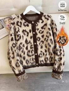SHEIN Clasi Plus Size Leopard Print Contrast Color Drop Shoulder Long Sleeve Knit Cardigan, Fall/ Chic Unique Vacation Birthday Evening Beige Vintage Casual Retro - Brown - View 7