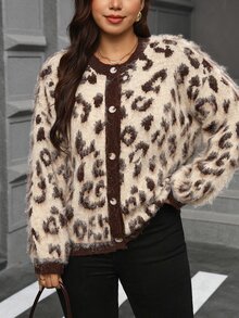 SHEIN Clasi Plus Size Leopard Print Contrast Color Drop Shoulder Long Sleeve Knit Cardigan, Fall/ Chic Unique Vacation Birthday Evening Beige Vintage Casual Retro - Brown - View 5