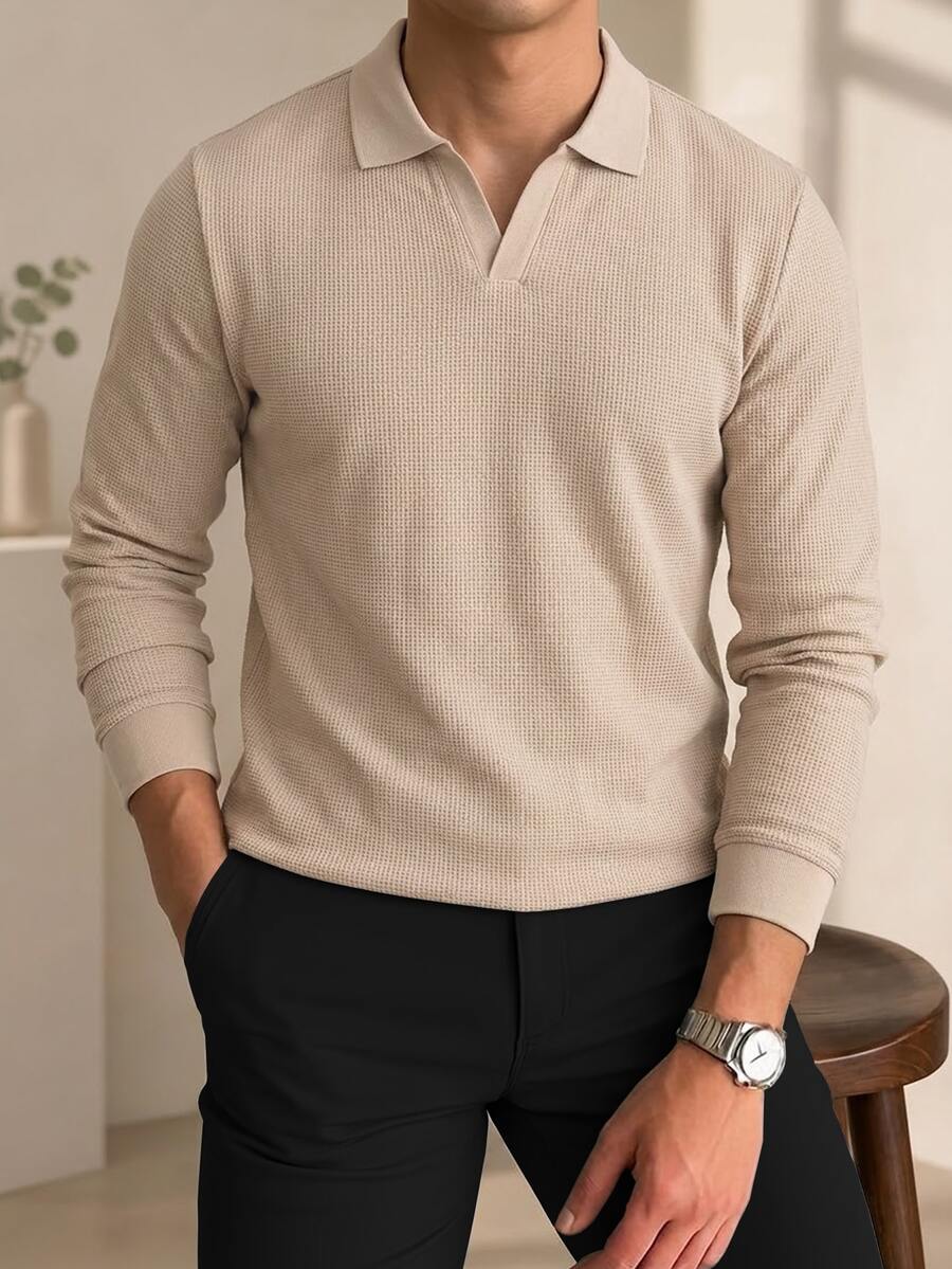 Manfinity Homme 男士華夫格針織長袖 Polo 衫,極簡 V 領素色休閒秋季日常穿著 Polo 衫 - 卡其色 - 查看 1