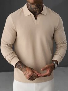 Manfinity Homme 男士華夫格針織長袖 Polo 衫，極簡 V 領素色休閒秋季日常穿著 Polo 衫 - 卡其色 - 查看 4