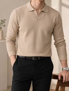 Manfinity Homme 男士華夫格針織長袖 Polo 衫，極簡 V 領素色休閒秋季日常穿著 Polo 衫 - 卡其色 - 查看 3