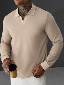 Manfinity Homme 男士華夫格針織長袖 Polo 衫，極簡 V 領素色休閒秋季日常穿著 Polo 衫 - 卡其色 - 查看 5