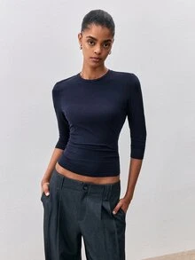ATUI Studio 秋季休閒商務萬聖節外出女款圓領七分袖收腰簡約極簡百搭休閒羊毛T恤海軍藍 - 藏蓝色 - 查看 6