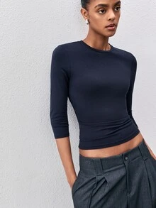 ATUI Studio 秋季休閒商務萬聖節外出女款圓領七分袖收腰簡約極簡百搭休閒羊毛T恤海軍藍 - 藏蓝色 - 查看 5