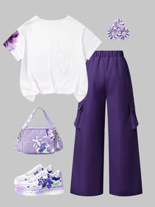 SHEIN 青少年女孩 2件套圓領休閒運動度假時尚街頭風日常通勤花卉印花T恤 白色玫瑰紅 冬季假期亮粉色 - 彩色 - 查看 6