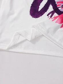 SHEIN 青少年女孩 2件套圓領休閒運動度假時尚街頭風日常通勤花卉印花T恤 白色玫瑰紅 冬季假期亮粉色 - 彩色 - 查看 4