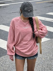 Muchica Plus Size Women's Dusty Pink Letter Embroidered Drop Shoulder Long Sleeve Casual Sweatshirt Formal Date Night Office Autumn Fall - Dusty Pink - View 4