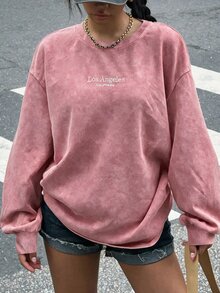 Muchica Plus Size Women's Dusty Pink Letter Embroidered Drop Shoulder Long Sleeve Casual Sweatshirt Formal Date Night Office Autumn Fall - Dusty Pink - View 1