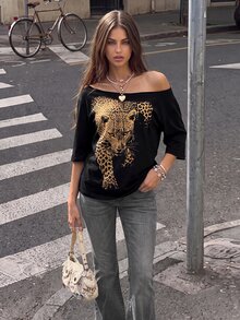 SuriyaCove Leopard Print Multicolor Effect Printed 10% Cotton Fashionable Minimalist Women's Large Scoop Neck Short Sleeve T-Shirt, Friend's Gift - Black - View 1