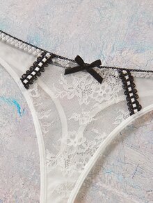Elorette 女款蕾絲拼接性感日常居家細肩帶睡裙與丁字褲內褲套裝 - 白色 - 查看 6