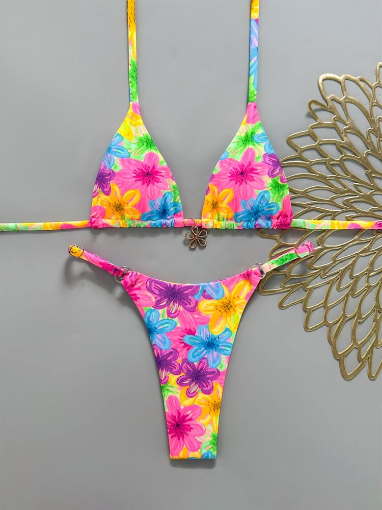 Swim Mod Women Brown And Blue Polka Dot Halter Tie Two Pieces Bikini Swimwear Bikini Set, - Multicolor - View 1