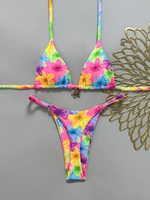 SHEIN Swim 女款棕色與藍色波點掛脖綁帶兩件式比基尼泳衣套裝 - 彩色 - 查看 4
