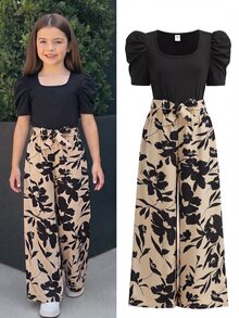 SHEIN Tween Girl Spring/Summer New Fashion Casual Black Knit Patchwork Ditsy Floral Square Neck Short Sleeve Jumpsuit - Black - View 1