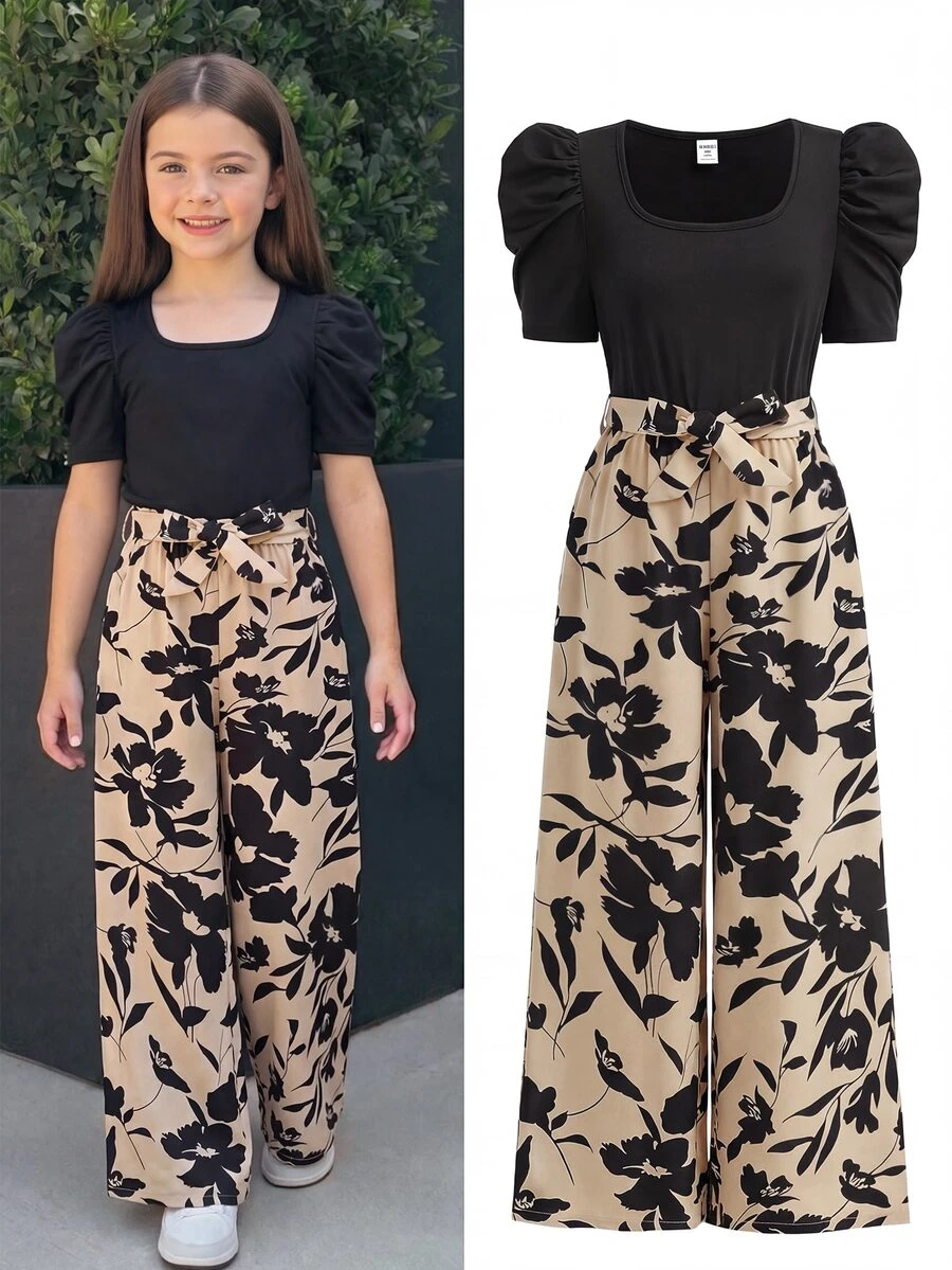 SHEIN Tween Girl Spring/Summer New Fashion Casual Black Knit Patchwork Ditsy Floral Square Neck Short Sleeve Jumpsuit - Black - View 1