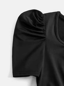 SHEIN Tween Girl Spring/Summer New Fashion Casual Black Knit Patchwork Ditsy Floral Square Neck Short Sleeve Jumpsuit - Black - View 4