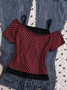 SHEIN Elladie kids 青少年女孩時尚休閒 2 合 1 街頭風 T 恤，適合打造時尚造型 - 酒紅色 - 查看 2