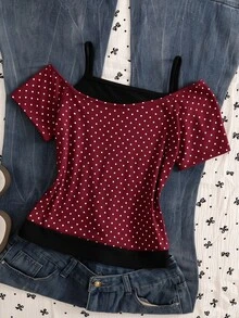 SHEIN Elladie kids 青少年女孩時尚休閒 2 合 1 街頭風 T 恤，適合打造時尚造型 - 酒紅色 - 查看 3