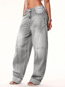 Denimoi Celana Jeans Fashion Celana Jeans Denim Kaki Lebar dengan Lipatan Celana Jeans Streetwear Modis Musim Panas - Light Grey - View 10