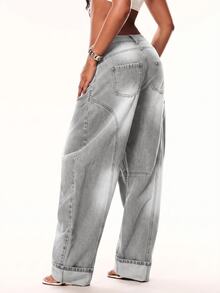 Denimoi Celana Jeans Fashion Celana Jeans Denim Kaki Lebar dengan Lipatan Celana Jeans Streetwear Modis Musim Panas - Light Grey - View 8