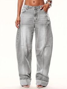 Denimoi Celana Jeans Fashion Celana Jeans Denim Kaki Lebar dengan Lipatan Celana Jeans Streetwear Modis Musim Panas - Light Grey - View 7