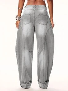 Denimoi Celana Jeans Fashion Celana Jeans Denim Kaki Lebar dengan Lipatan Celana Jeans Streetwear Modis Musim Panas - Light Grey - View 9