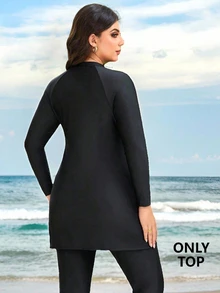 SHEIN Swim (Only Top)Plus Size Women's Solid Color Long Sleeve Mid-Length Modest Bodycon Burkini Top With Embroidery Decor Beach Vacation Summer Black - Black - View 2