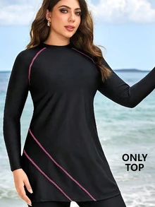 SHEIN Swim (Only Top)Plus Size Women's Solid Color Long Sleeve Mid-Length Modest Bodycon Burkini Top With Embroidery Decor Beach Vacation Summer Black - Black - View 7