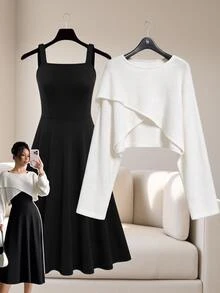 GlowEve CURVE Plus Size Women Solid Color High-Low Hem Long Sleeve Top And Sleeveless Dress Elegant 2 Pieces Set Fall - Black and White - View 1