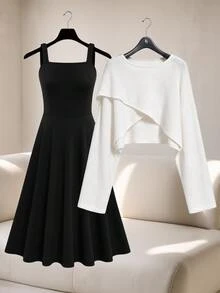 GlowEve CURVE Plus Size Women Solid Color High-Low Hem Long Sleeve Top And Sleeveless Dress Elegant 2 Pieces Set Fall - Black and White - View 3