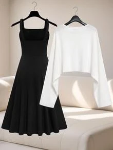 GlowEve CURVE Plus Size Women Solid Color High-Low Hem Long Sleeve Top And Sleeveless Dress Elegant 2 Pieces Set Fall - Black and White - View 2