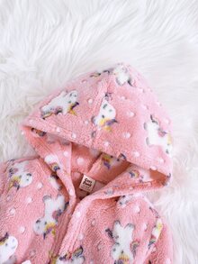 Cozy Pixies 女嬰卡通動物印花刷毛連帽長袖綁腰晨袍，厚實絨毛布料，適合秋冬穿著 - 粉色 - 查看 4